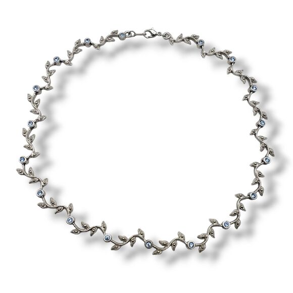 Silver Tone Leaf Vine Link Blue Rhinestone Collar Necklace Nice 18KTCH MCM Retro - Picture 9 of 11